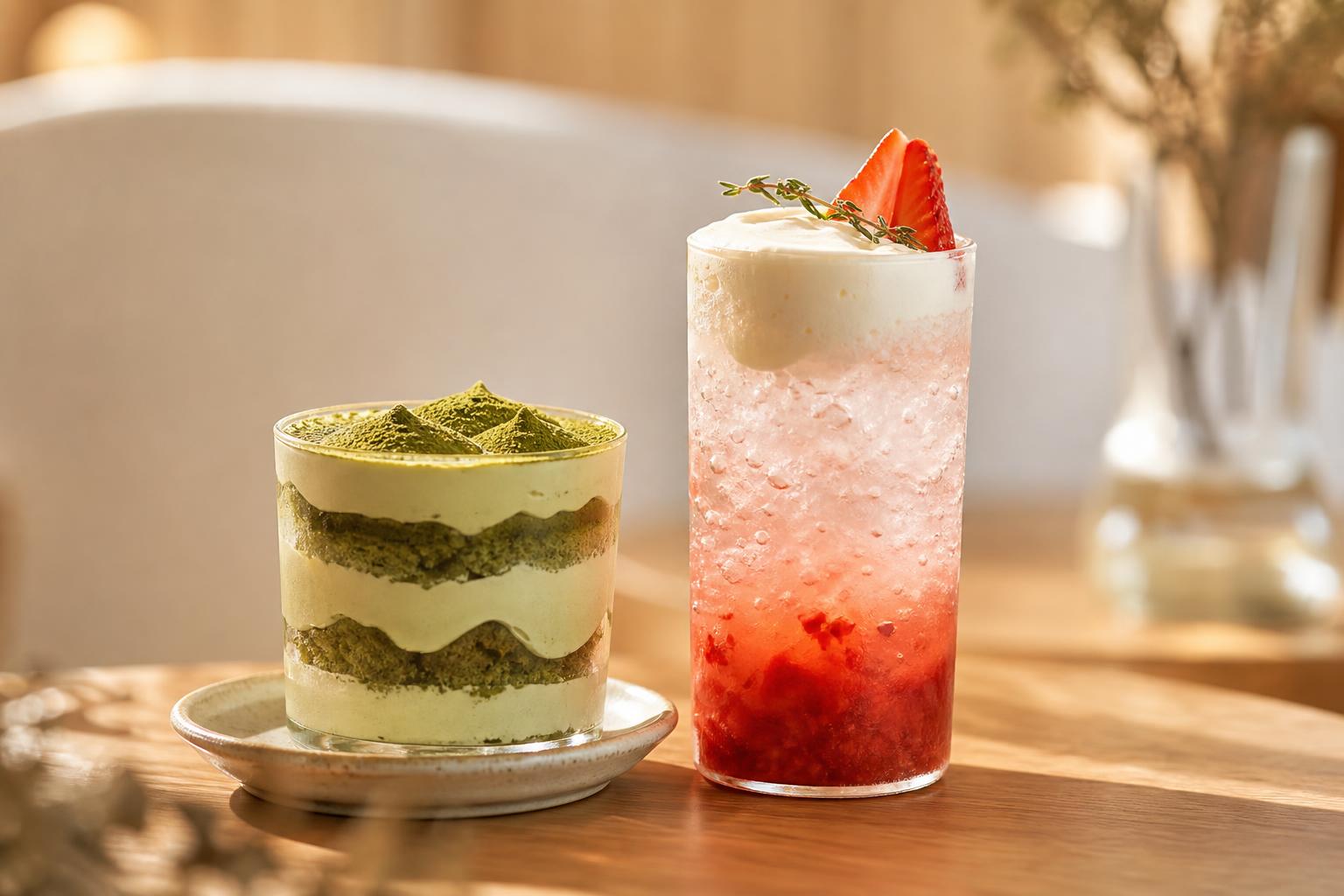 Matcha tiramisu beside a strawberry dirty soda on a warm oak café table — premium dessert intelligence trend report visual